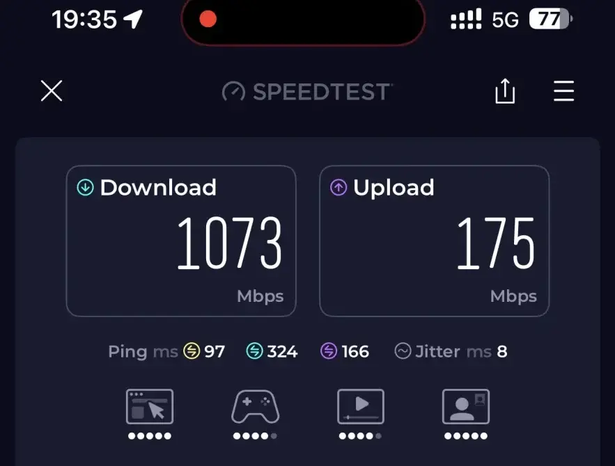 Speedtest result for GoMoWorld eSIM in Istanbul: 1,073 Mbps download and 175 Mbps upload, on 5G via eir Dublin with iPhone 16 Pro Max