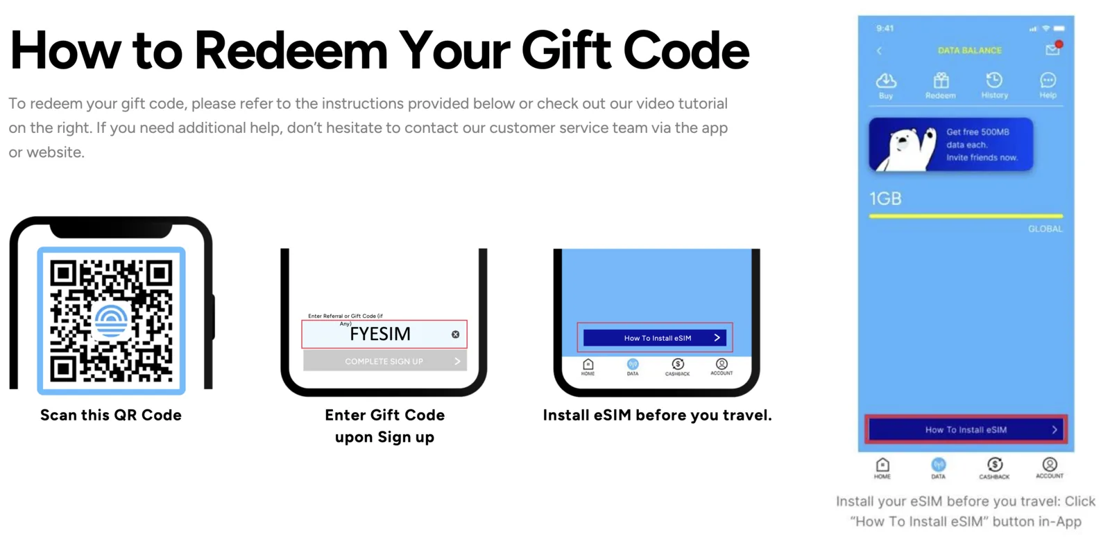 Eskimo's three redemption steps: scan the QR code, type gift code FYESIM into the Enter Referral or Gift Code field while you sign up, then tap How To Install eSIM before you travel