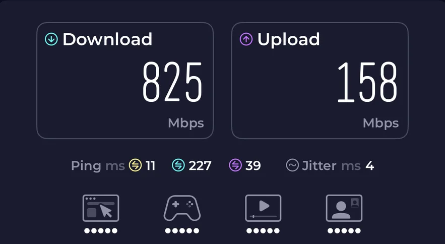 Speedtest result on the MicroEsim Viettel eSIM in Da Nang: 825 Mbps download, 158 Mbps upload, 11 ms ping and 4 ms jitter