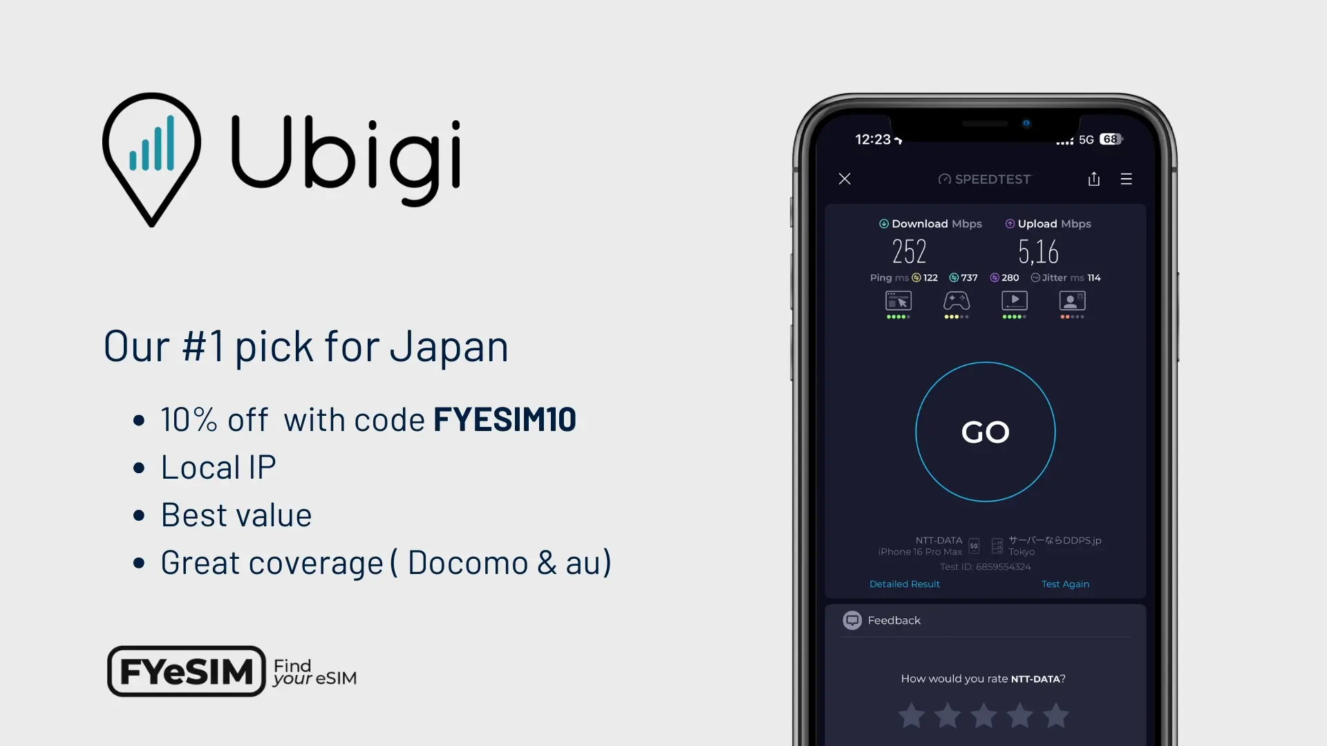 Ubigi eSIM Japan speed test showing 252 Mbps download speed on 5G