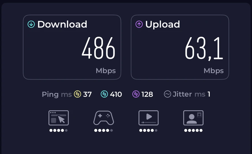 Ookla Speedtest result for the Maya Mobile eSIM in London, showing 486 Mbps download and 63.1 Mbps upload on 5G
