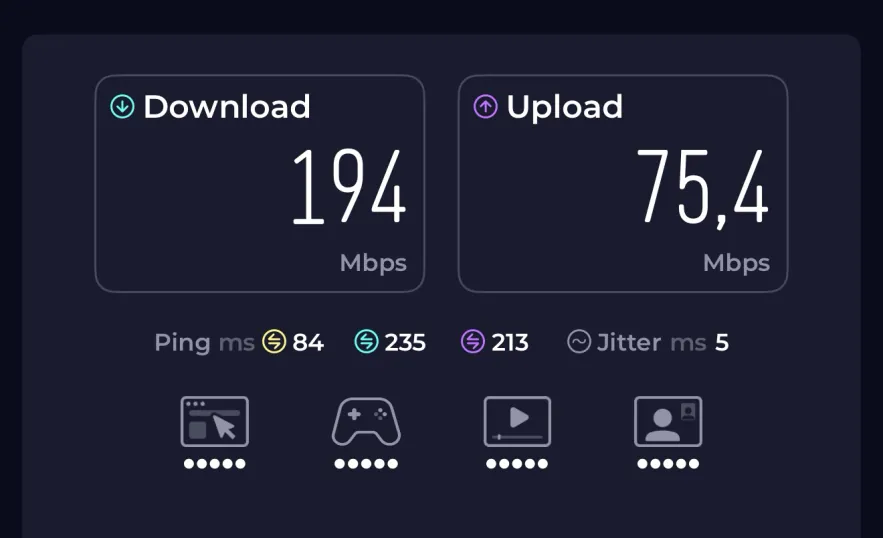 Speedtest result for the Roamless eSIM in Madrid: 194 Mbps download and 75.4 Mbps upload, with an idle ping of 84 ms and 5 ms jitter, measured on an iPhone 16 Pro Max