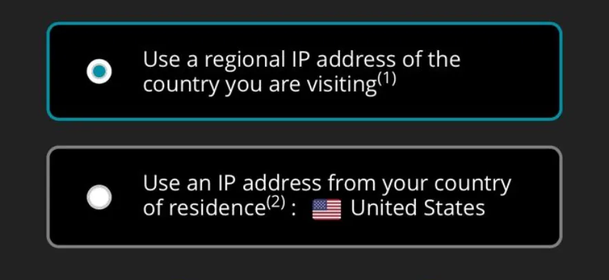 Ubigi's Smart IP screen in the app, with a choice between a regional IP address of the country you are visiting and an IP address from your country of residence, set to United States