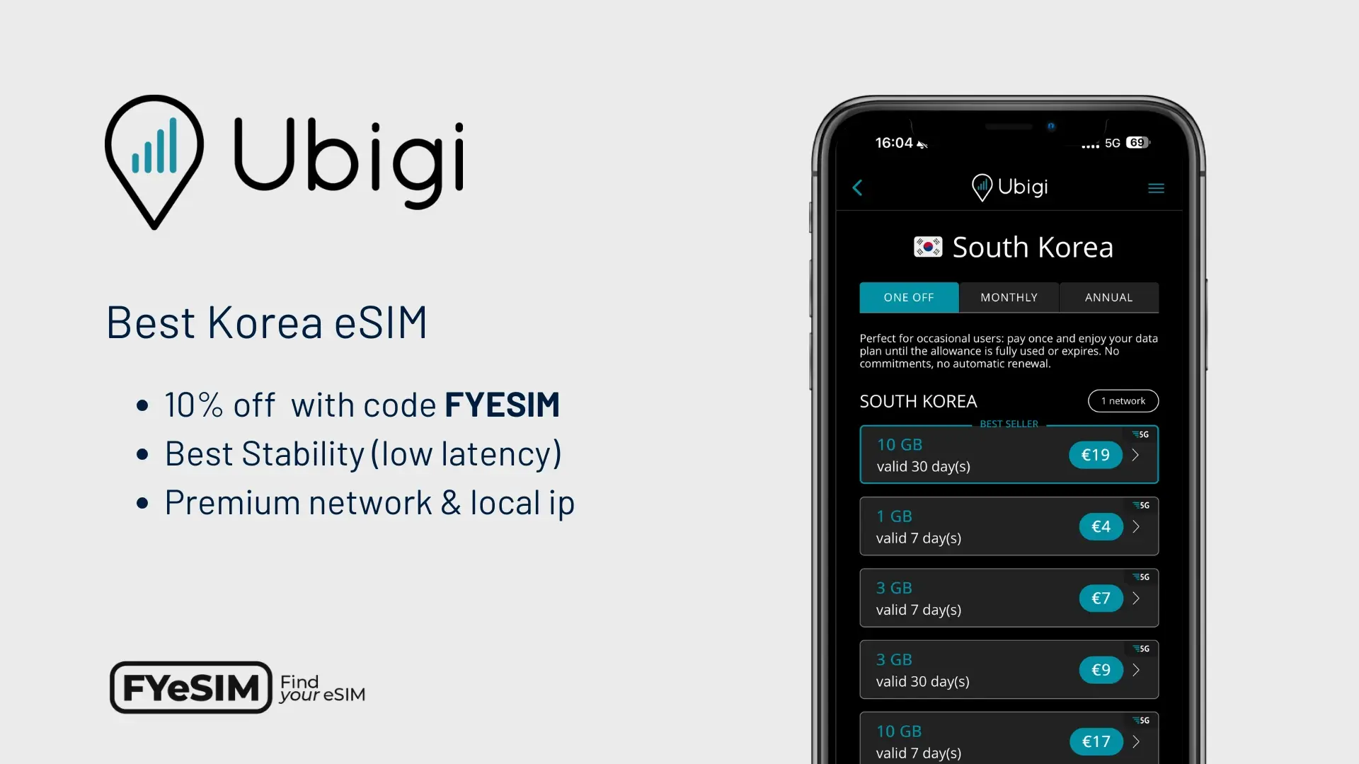 Promotional graphic for Ubigi's South Korea eSIM, showing the app interface with available data plans and benefits such as best stability and low latency