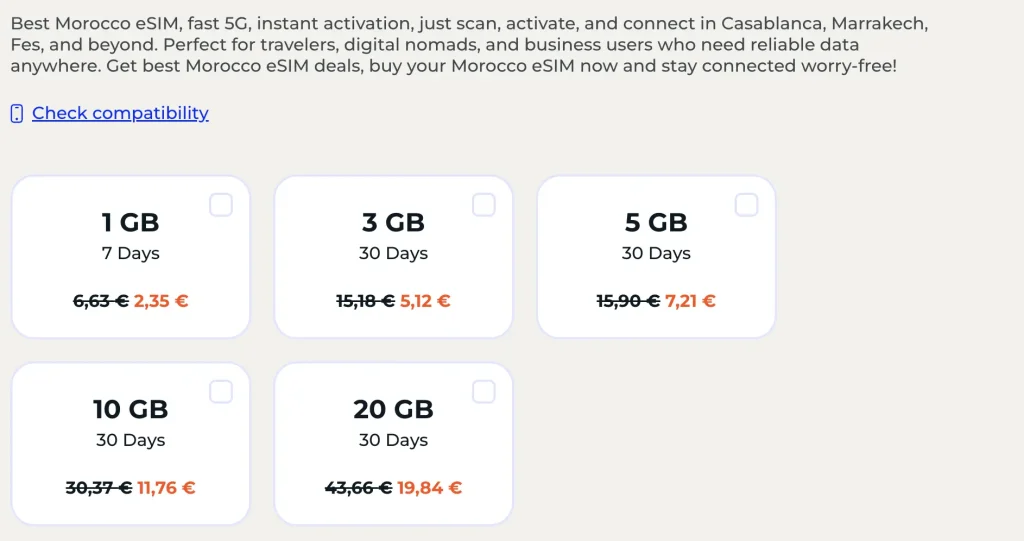 Screenshot of Pingwe’s website showing Morocco eSIM pricing plans with data allowances ranging from 1GB to 20GB, including discounts