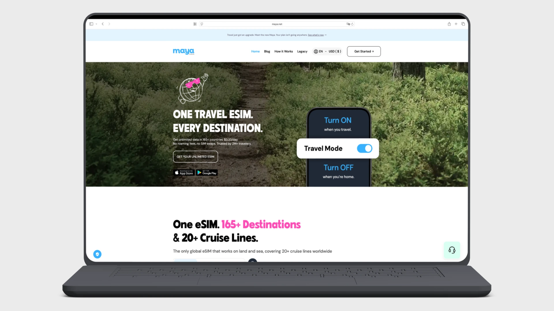 Screenshot of the redesigned Maya Mobile homepage on maya.net, featuring the slogan "One Travel eSIM. Every Destination." and the promise of unlimited data in 165+ countries for $3.33 per day.